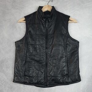 Vintage GAP Leather Vest Womens XS Black Zip Front Stand Collar Lined Moto 90s